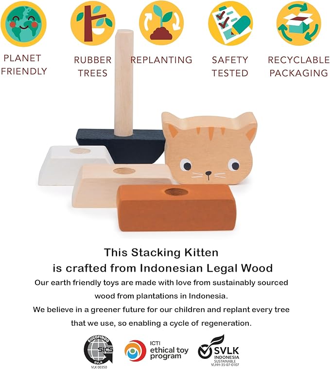 Mentari Toys - Stacking Kitten - 5pcs Wooden Animal Stacker Toddler Toy - Natural Wood Stacking Blocks - Boost Fine Motor Skills - Toddler Educational Toy - Age 12m+