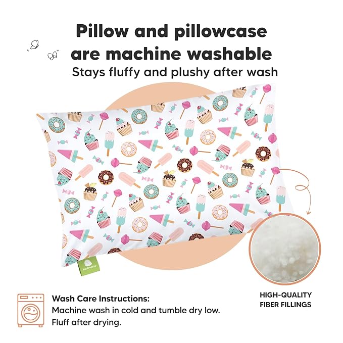 Toddler Pillow with Pillowcase - 13x18 My Little Dreamy Kids Travel Bed Pillows for Sleeping, Organic Cotton Small Pillowcase, Soft & Breathable, Machine Washable, Toddlers 2-5 years old (Sweet Tooth)