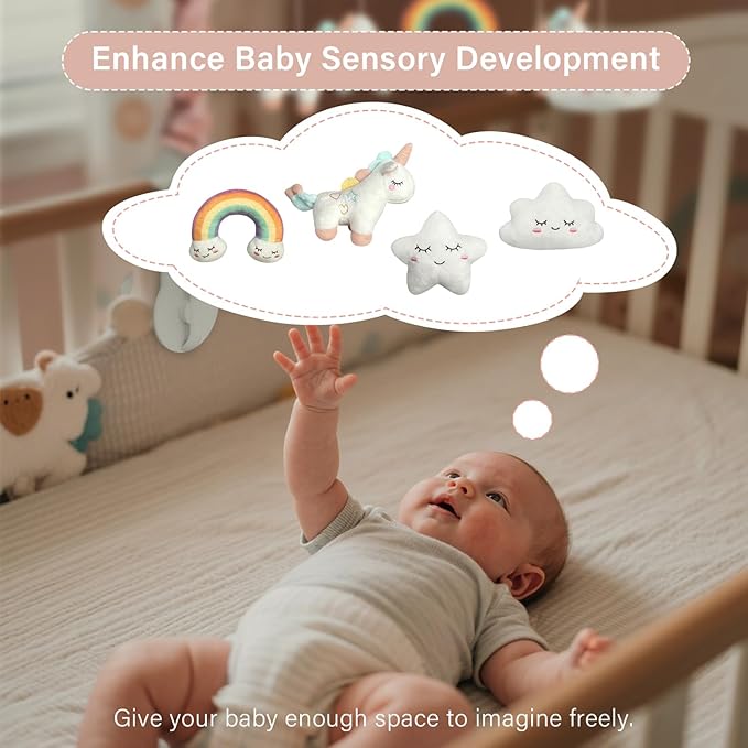 Crib Mobile for Girls - Pink and White Unicorn & Weather Theme, Mobile for Crib with 35 Lullabies & 3 Modes Music Box, Nursery Decoration for Infant Soothing & Sleep