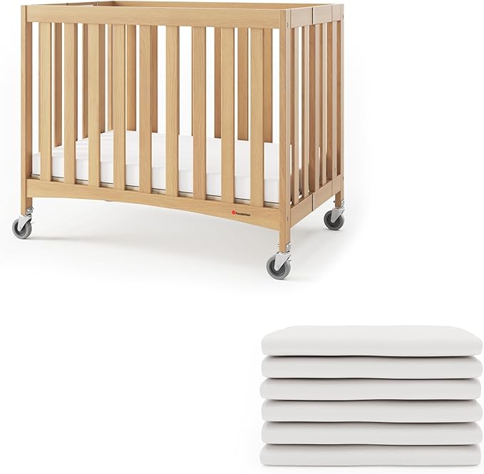 Foundations Compact Travel Sleeper Folding Hotel Crib and Sheet Bundle - Includes Wooden Mini Crib with 2" Foam Mattress (Natural) and 6-Pack White Fitted Compact Sheets