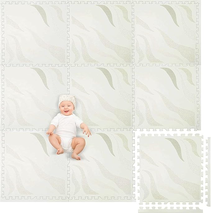 Play Platoon Non-Toxic Large Kids Mats for Floors, 9 Tile 72 x 72 inch, Puzzle Mat Pieces with Border, Extra-Thick Interlocking Tiles, 24 x 24 in, Neutral Playmat Rug for Toddlers & Children