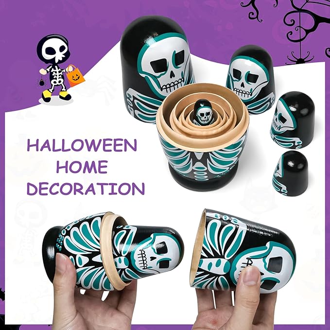 Nesting Skulls, 5 Pcs Handmade Wooden Russian Stacking Dolls, Home Halloween Decoration Gift
