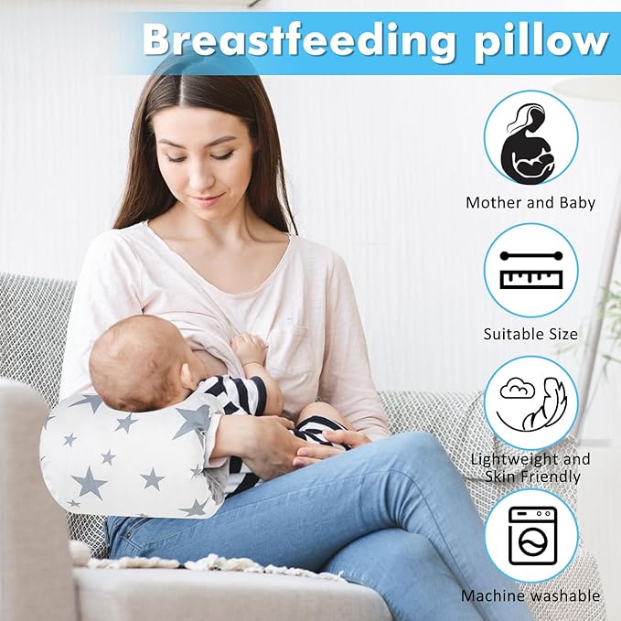 Nursing Arm Pillows for Breastfeeding,Baby Feeding Arm Pillow Portable and Washable for Travel, Soft Cotton Ergonomic Bottle Nursing Essentials（White Star）