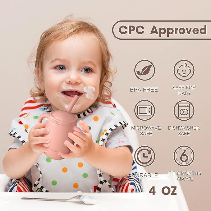 Cuddle Campus 100% Silicone Baby Training Cup, Shatterproof Toddler Sippy Cups with Straw, Open Cup for Baby, 6+ Months 4 Oz