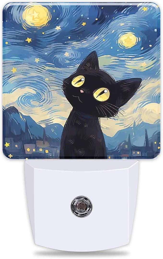 Starry Night Black Cat Night Lights Plug into Wall for Girls Boys Room, Night Lights LED Lamp with Dusk to Dawn Sensor Nightlight for Bedroom Kitchen Bathroom Hallway Home Wall Decor