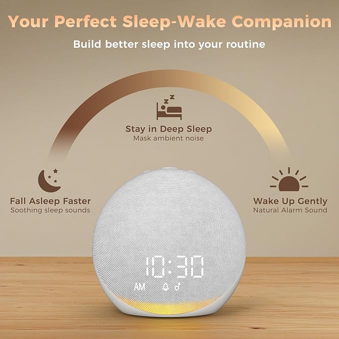 Sound Machine Alarm Clock for Bedroom: 25 Natural Sleep Sounds - White Noise Machine for Adults Kids Baby - Gentle Wake Up Alarm with Bluetooth Speaker - Frost White