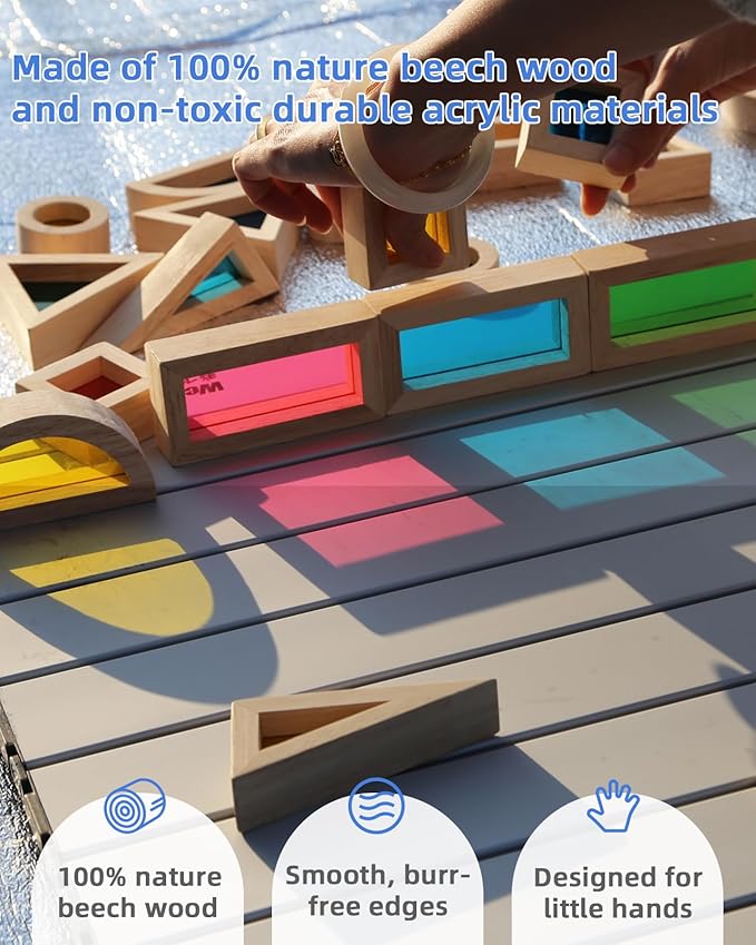 Wooden Building Blocks with Rainbow Acrylic Windows - 24pc Classic Montessori Stacking Set - Screen-Free Educational STEM Construction Toys for Toddlers Ages 18M+