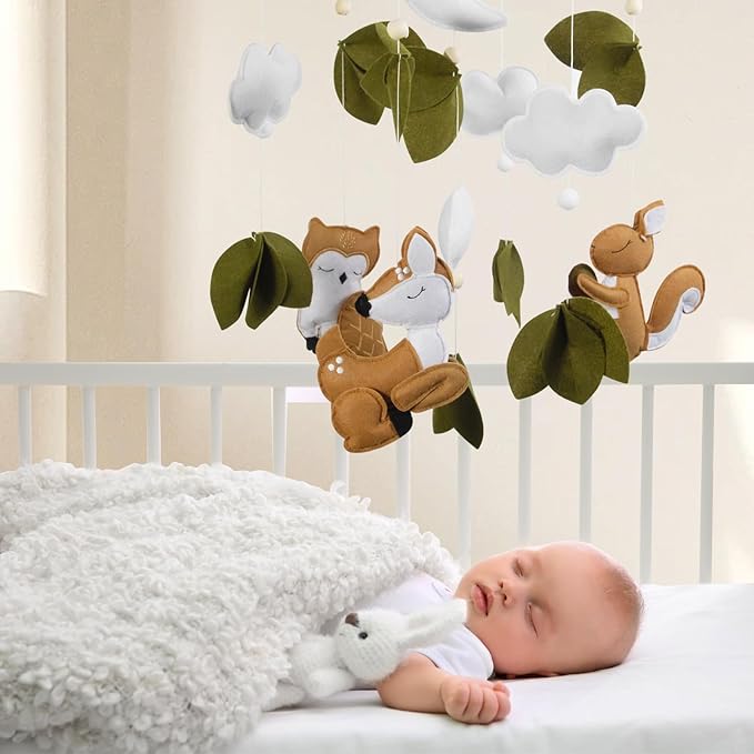FEISIKE Woodland Animals Theme Bassinet Baby Nursery Mobiles with Modes Digital Music Box 3In1 Set-34 Inch Wooden Mobile Arm for Crib Mobile Hanger for Crib Baby Nursery Decor