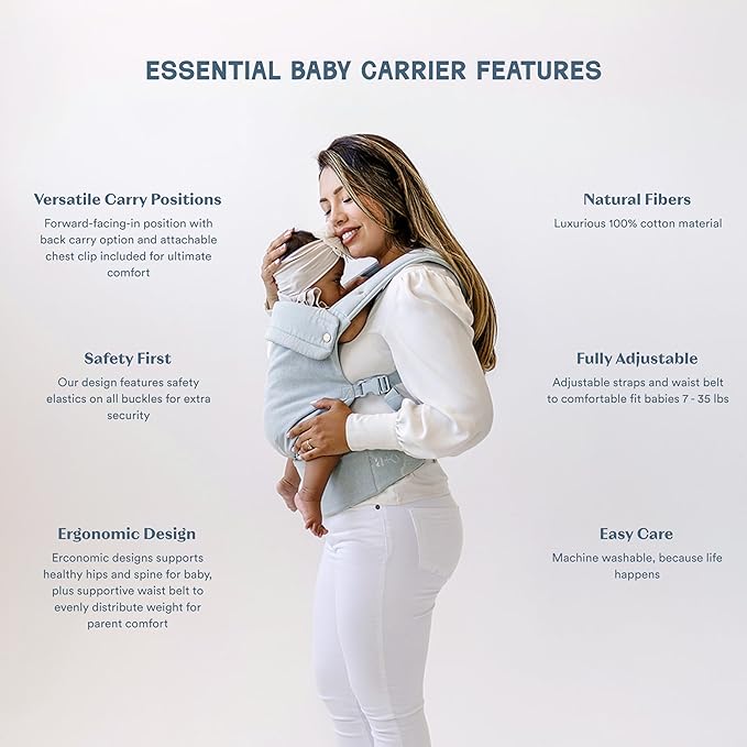 Ava & Oliver Essential Baby Carrier – Ergonomic, Hip-Healthy Soft Structured Carrier for Infants & Toddlers (7–35lbs) - Front and Back Carry, Breathable Fabric, Stylish & Lightweight (Denim)