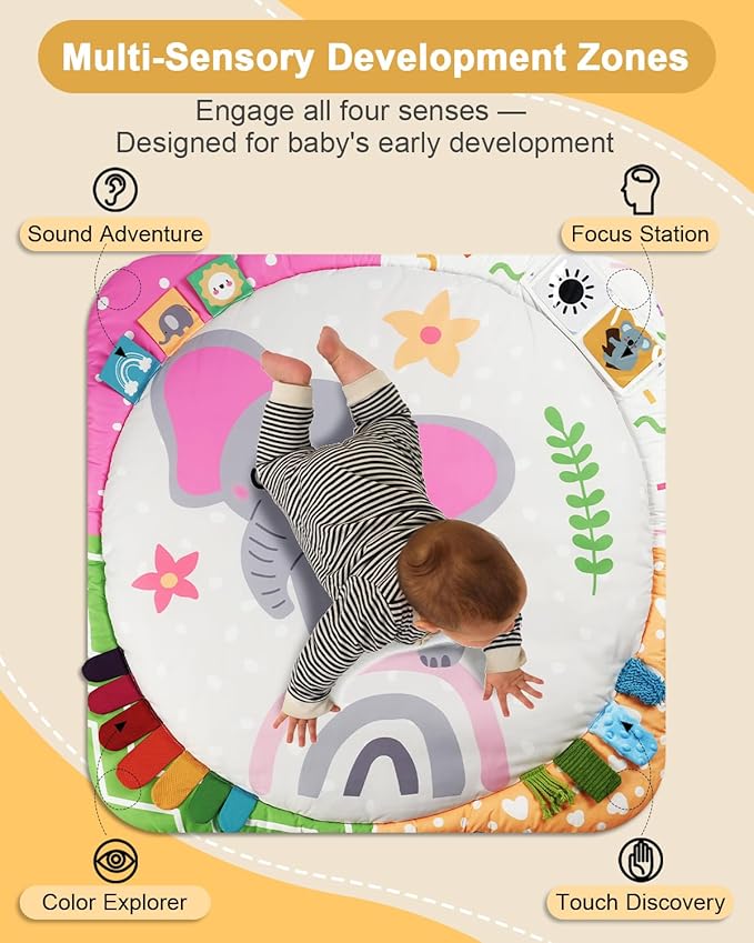 Baby Play Gym with 4 Developmental Zones – Tummy Time Mat & Activity Mat with 6 Sensory Toys, Visual Cards & Pillow – Baby Essentials & Ideal Gift for Newborns