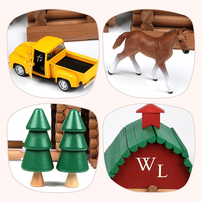 Wondertoys 330 Pcs Wooden Log Set Real Wood Logs Classic Building Log Ages 3+ Best Retro Building Gift Set for Boys Creative Construction Engineering Educational Gifts