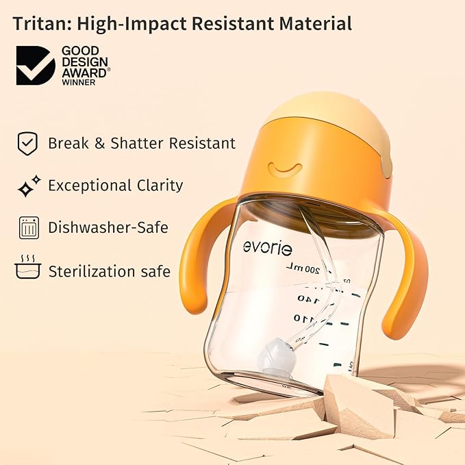 Evorie Tritan Weighted Straw Sippy Cup with Handles for Baby and Toddlers, Spill Proof Baby Water Bottle with Straw for 6 months and up, 7 Oz, Infant Training Water Bottle (Bumble bee)