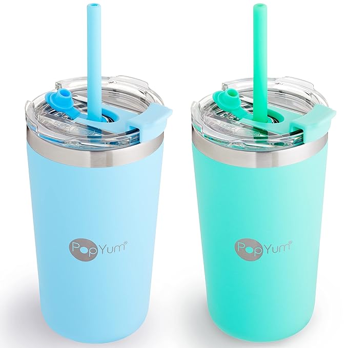 PopYum 13oz Insulated Stainless Steel Kids’ Cups with Lid and Straw, 2-Pack, Blue, Green, stackable, sippy, baby, child, toddler, tumbler, double wall, vacuum, leak proof
