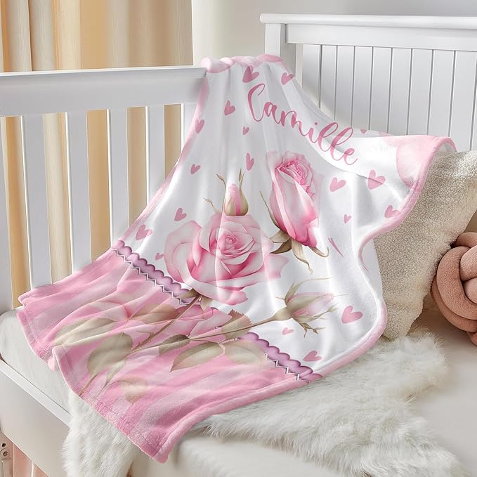 Personalized Baby Blanket for Girls, Custom Baby Blanket with Name, Soft Cozy Personalized Name Blankets for Kids, Customized Flowers Blanket for Infant Toddler Birthday Christmas
