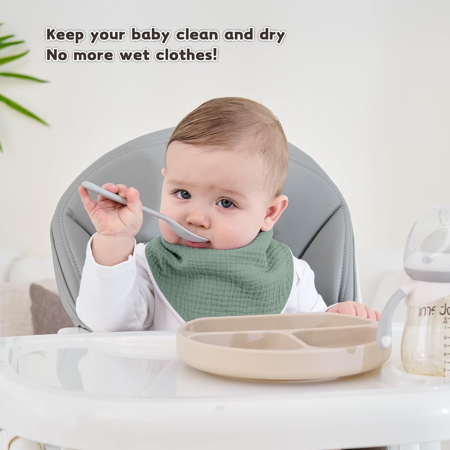 Susurration Muslin Baby Bibs 10Pack Baby Bandana Drool Bibs Soft Adjustable Newborn Bibs for Unisex Baby Girls & Boys (Greygreen)