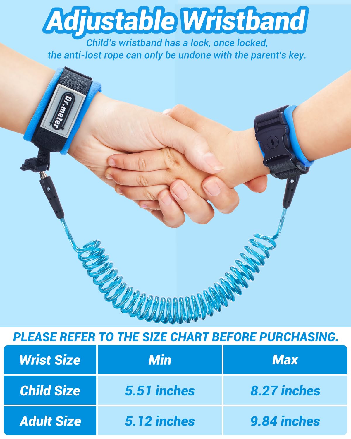 Dr.meter Toddler Leash, 2 Pack Safety Anti Lost Wrist Link with Key Lock, Reflective Child Walking Harness, 8.2ft Blue + 4.92ft Orange Kids Leash for Supermarket Mall Airport Amusement Park Zoo Travel