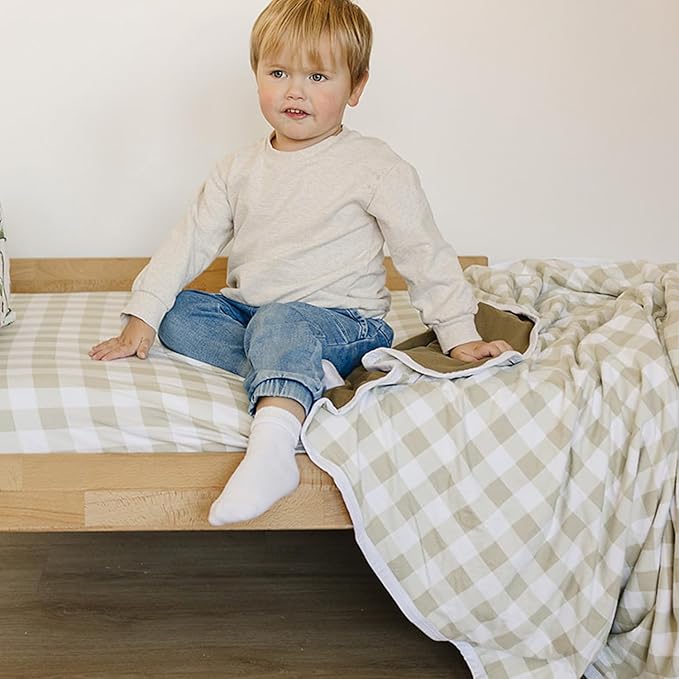 Pobibaby Premium Baby Blanket, Soft Stretchy Quilt for Babies, Toddlers, Kids (Gingham Khaki)