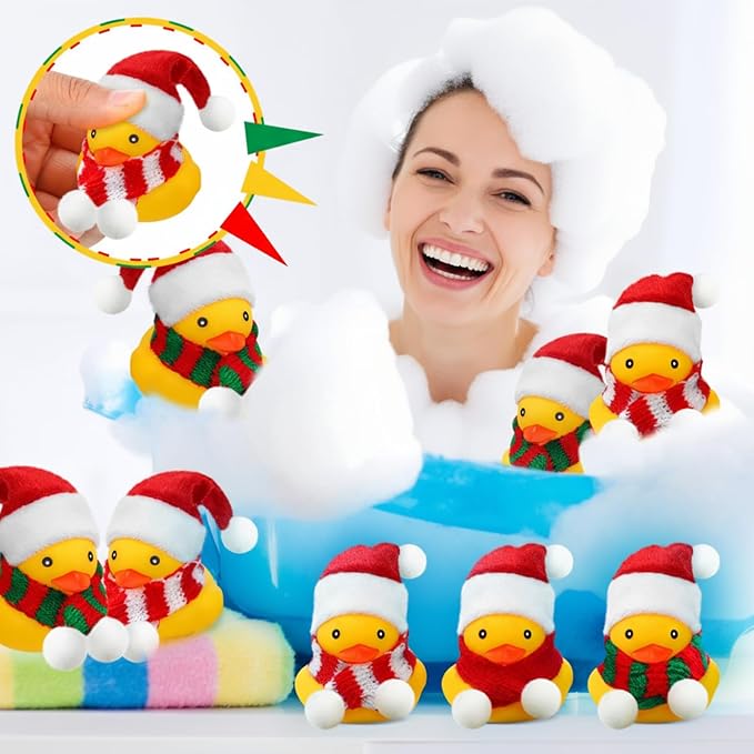 Funtery 12 Pcs Christmas Rubber Ducks Bulk with Xmas Hats and Scarf Mini Bath Rubber Ducky Showers for Xmas Winter Holiday Celebration Party Favors Stocking Stuffers Birthday Gift Exchange