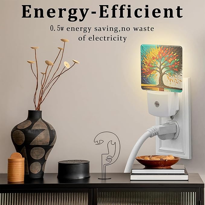 Colorful Life Tree Night Light Plug into Wall, Abstract Modern Artwork Oil Painting Dusk to Dawn Night Light Plug in,0.5w Energy Saving Sleep Friendly NightLight for Kids Boys Girls Home Decor