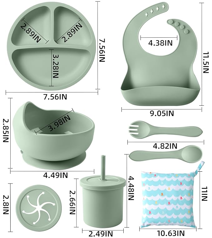 Silicone Baby Feeding Set, 10 Pcs Baby Led Weaning Supplies Baby Eating Essentials Set with Suction Bowl Divided Plate Adjustable Bib Soft Spoon Fork Cup with Lid Drinking Cup, Travel Bag (Green)