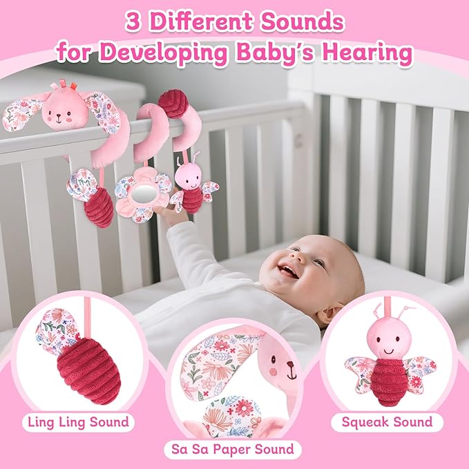 Hanging Car Seat Toys, Spiral Crib & Stroller Activity Toys with Rattles for Babies 0-6 Months, Baby Car Seat Accessories Toy for Developing Sensory & Motor Skills, Gift for Newborn Infant - Rabbit