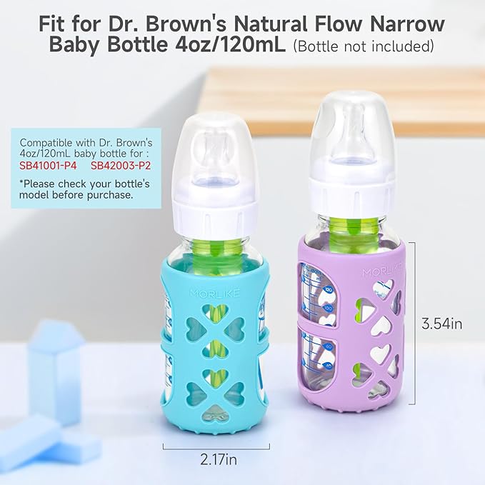 MORLIKE 4 Pack Silicone Sleeves Fit for 4 oz/120 mL Dr. Brown's Natural Narrow Glass Baby Bottle, 100% Silicone Covers Protect Glass Bottle, Easy to Grip Baby Bottle Holders for SB41001-P4, SB42003-P2