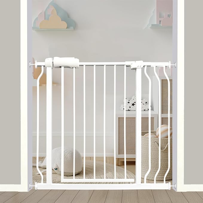 34-38.5 Inch Walk Through Baby & Dog Gate, No Drill Pressure Mounted, Expandable Safety Gate for Kitchen & Living Room, White Metal with Extension Kit