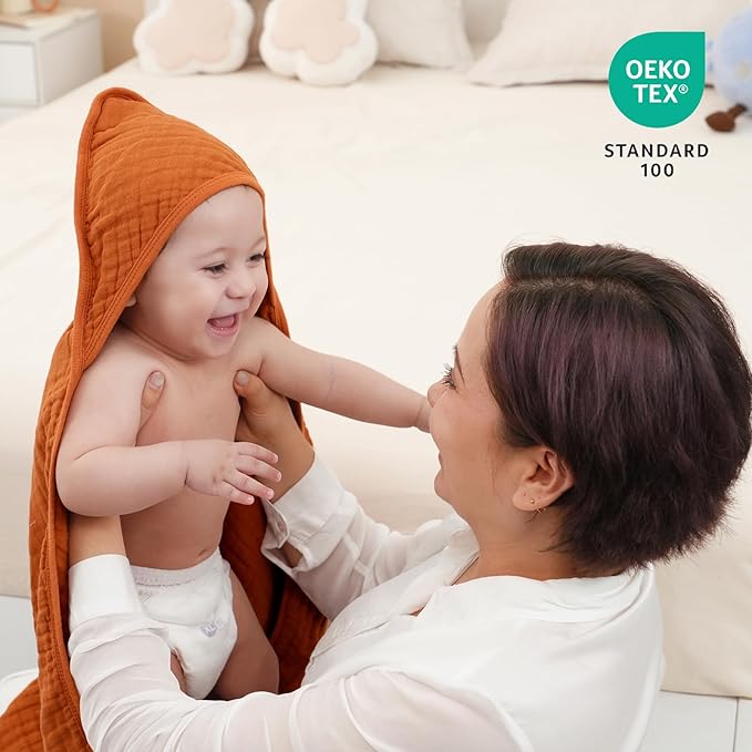 david's kids 2 Pack Hooded Baby Towels, 100% Muslin Cotton 6-Layer Ultra Soft Breathable Absorbent Baby Bath Towels for Infant and Toddler, Newborn Essentials, Large 32x32Inch, Beige & Brown