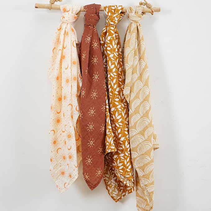 4 Set Muslin Swaddle Blankets for Newborn Baby Boys, Girls - Cute Soft Print Baby Towel Wrap 120x110cm - Yellow Floral