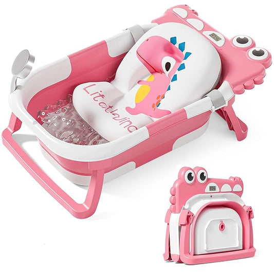 TPN Collapsible Baby Bathtub, Baby Bath Tub with Soft Cushion & Real-Time Thermometer, Baby Bathtub Infant to Toddler Tub (0-36 Months), Portable Travel Baby Tubs for Newborns (Pink)