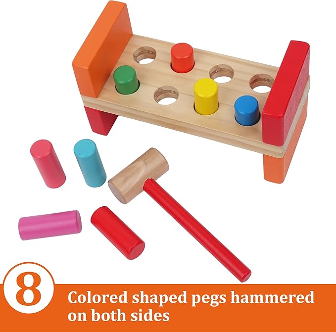 Hidoggy Wooden Hammer Toy for Toddlers 1-3, Montessori Pounding Bench Toy with 8 Pegs and Mallet for Hand-Eye Coordination, STEAM Toddler Toy