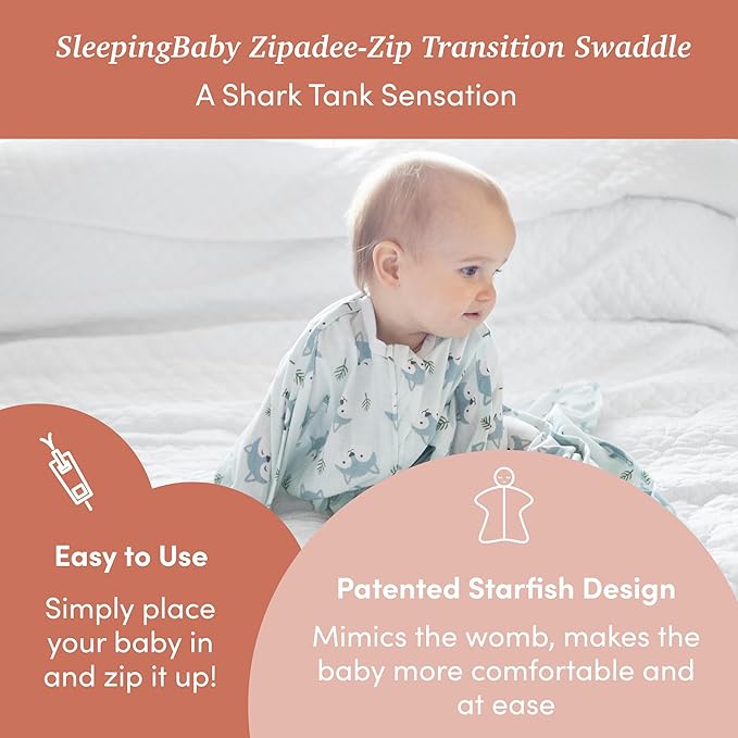 SleepingBaby Zipadee-Zip Transition Swaddle - Cozy Baby Swaddle Blanket with Zipper Convenience - Roomy Wearable Blanket for Easy Diaper Changes - Happy Wolf, Large (12-24 Month)