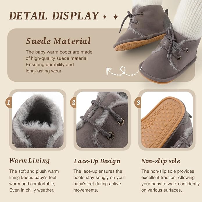 Baby Unisex Warm Snow Boots Newborn Leather Fur Lace Up Ankle Anti-Slip Rubber Texture Sole Toddler Prewalker Winter Crib Shoes