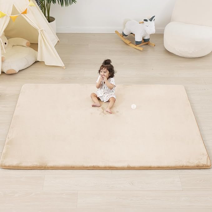 1.3" Thick Baby Floor Play Mat 71x79, Basic Padded Foam Mat for Tummy Time Crawling, Non Slip Cushioned for Babies Toddlers Infants Kids (Beige)