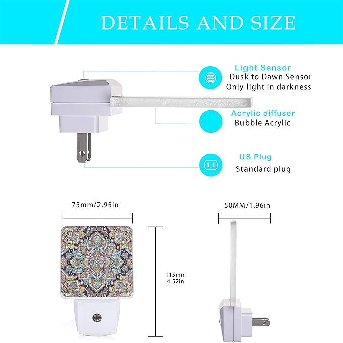 Mandala Floral Night Lights Plug into Wall Ethnic Mandala Night Light 0.5W Sleep Friendly for Boys Girls Led Night Light Dusk to Dawn Sensor Nightlight for Stairway/Hallway/Kitchen