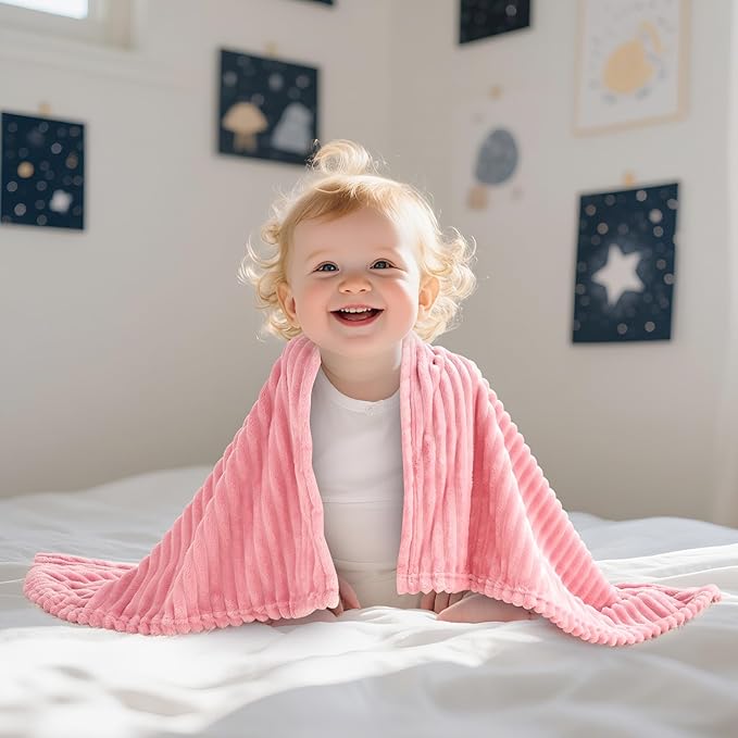 Soft Fleece Baby Blanket Ultra Cozy Pink Baby Blankets for Girls Warm and Lightweight Infant Toddler Newborn Receiving Gift with Reversible Stripes for Crib Stroller, 30x40 Inch, Dark Pink