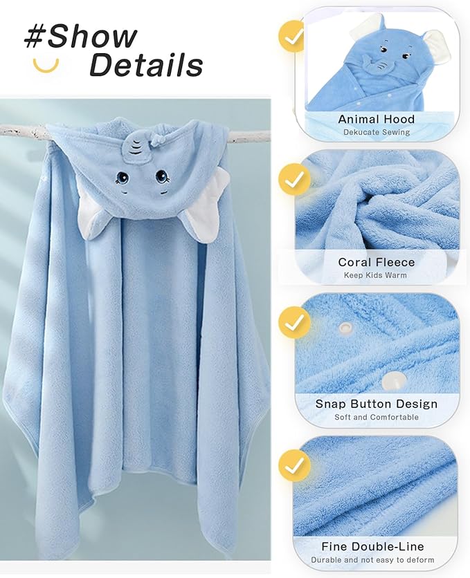ROMASA Baby Bath Towel Ultra Soft Hooded Towel Highly Absorbent Bathrobe Blanket Toddlers Shower Gifts for Boys Girls-27.5" x 55" (Blue Elephant)