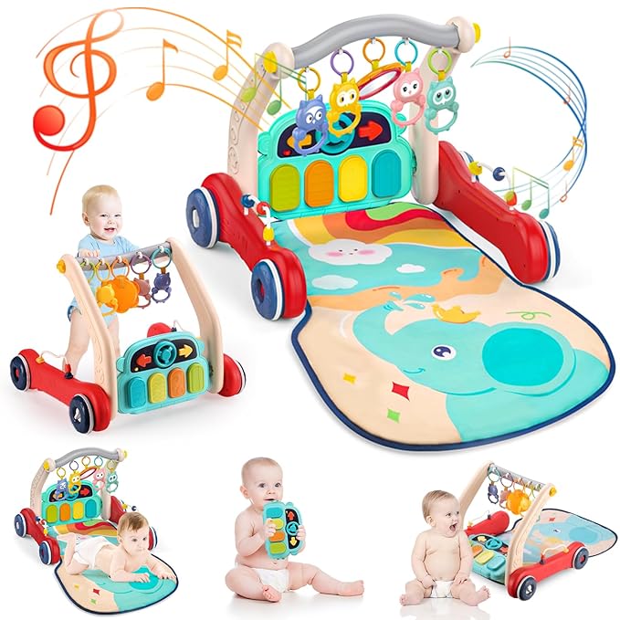 Baby Play Mat Gym, 2 in 1 Baby Walker Tummy Time Activity Mat with 5 Infant Sensory Toys, Music and Lights Floor Play Mat as Birthday Gift for 0-12 Months Boys Girls