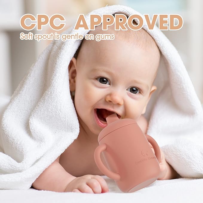 Cuddle Campus Sippy Cups 7OZ, [4 in 1] Baby Cups, Shatterproof Silicone Straw Cup,Open Cup for 6M, 6M+,6-12 Months,1/1+ Year Old Baby,Toddler