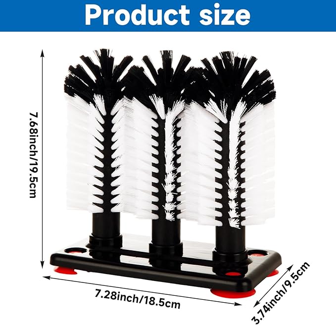 STARVAST 2Pcs Water Bottle Cleaning Brush with Suction Base, Black 3 Head Bristle Bar Glass Washer, Cup Washer Brush Cleaner for Bar Beer Cup, Wine Glass(7.3 x 3.7 x 7.6) Inch