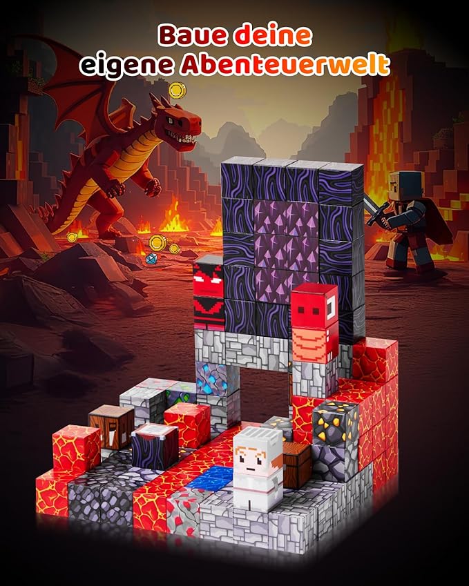 115PCS Magnetic Blocks - Building Toys for Boys Girls 3+, with 20 Unique Patterns, Lava Rivers, Volcanoes, & Dragons, STEM Sensory Toys for Kids Boys Girls Ages 3 4 5 6 7 8 9 Birthday Gifts