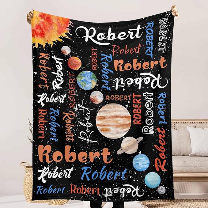 Personalized Baby Blanket with Name for Boys Girls, Custom Name Blankets for Kids Adults Planet Text Pattern Customized Throw Blanket for Newborn, New Mom, Baby Girl Boy, Daughter Son Niece Nephew