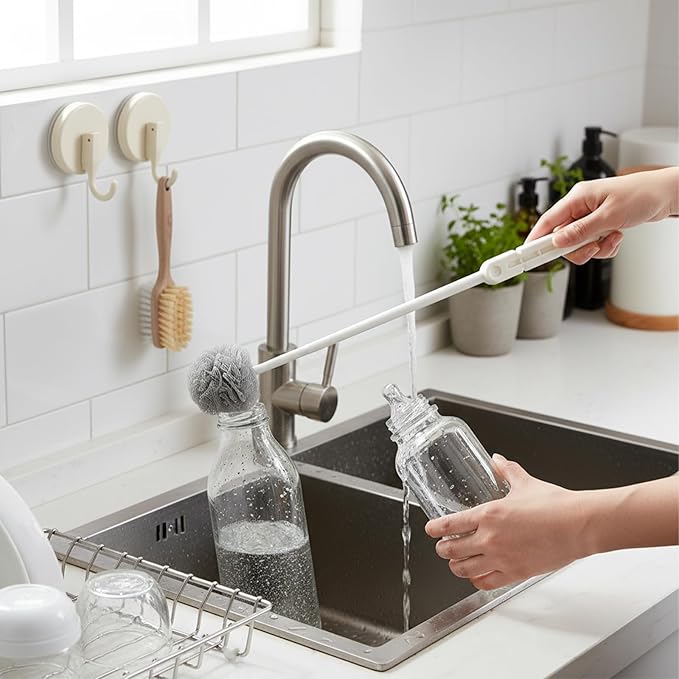 360° Flexible PP Bottle Brush – 13.3" Long Handle Narrow Bottle Cleaning Brush for Baby Bottles, Water Bottles, Sports Bottles & Travel Mugs, Includes 2 Hooks, 2 Pack, Gray & White