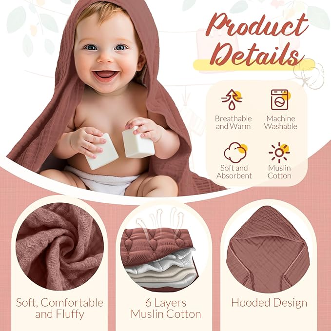 VitalCozy 12 Pcs Baby Muslin Hooded Bath Towels and Washcloths, 32 x 32 Inch Muslin Hooded Baby Towels Absorbent Blankets for Gift Newborn Infant Shower (Girl Style)