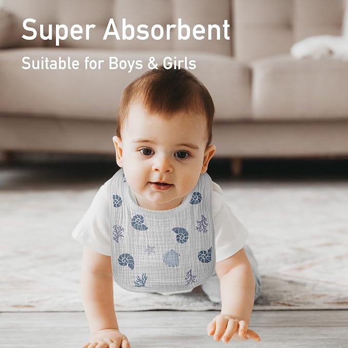 Muslin Baby Drool Bibs for Unisex Boys Girls, 6 Pack Soft Cotton Baby Bib for Teething Drooling, Essentials Shower Gift (6, Blue)