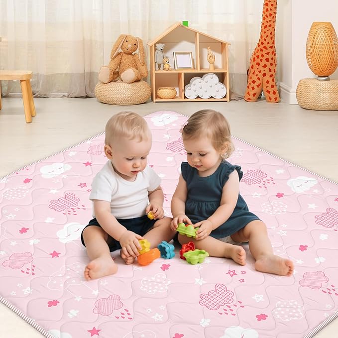 Baby Play Mat for Floor,Soft 50x50 Playpen Mat,Thick Foam Cushioned Playmat for Tummy Time,Safe Non-Slip Backing for Crawling for Kids Toddlers Infants,Pink Clouds