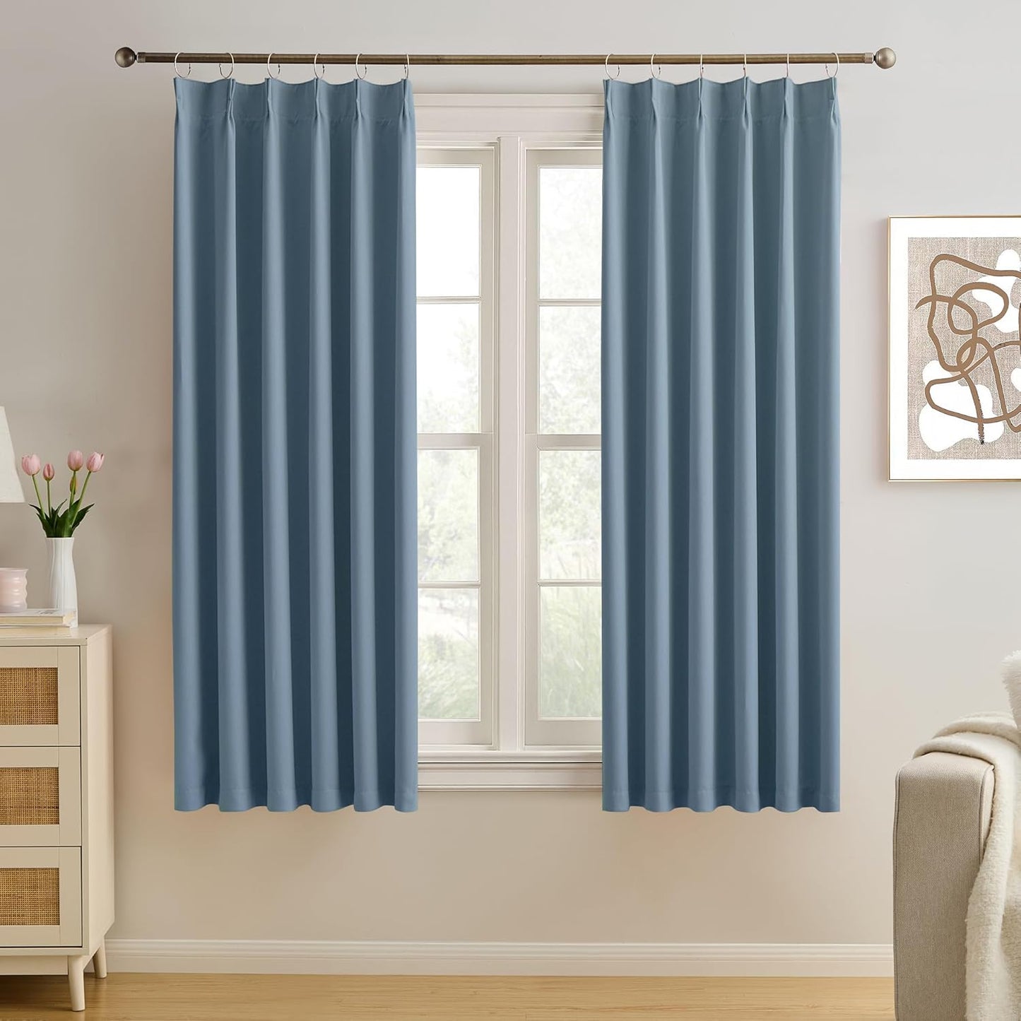 KEQIAOSUOCAI Dusty Slate Blue Blackout Curtains for Boys Bedroom, Pinch Pleat with Hooks, Room Darkening Block Out Curtain 63 Inches Long 2 Panels, 40 by 63 Inch Dark Steel Blue