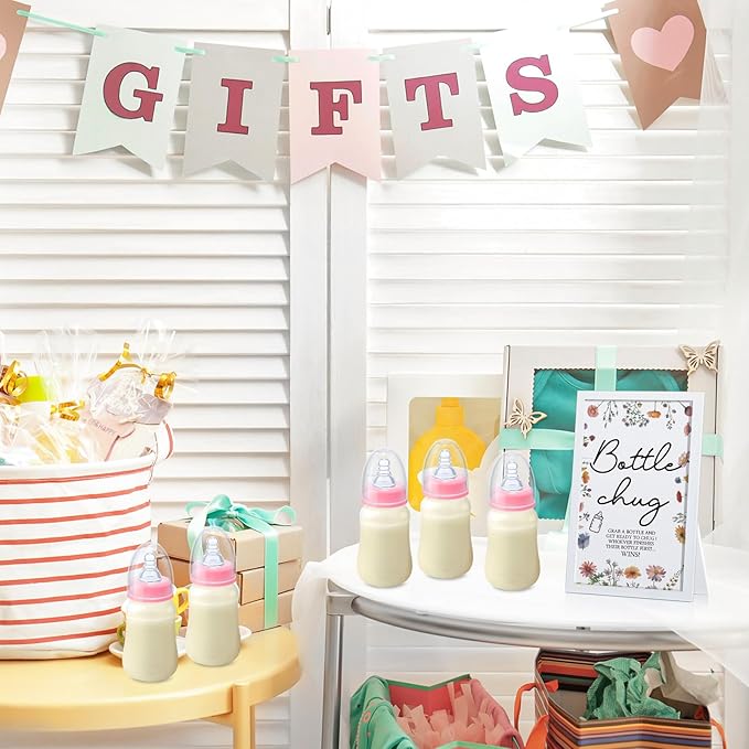 Roowest Bottle Chug Baby Shower Game Favors Including Wideflower Theme Wooden Sign and 18 Pcs Baby Bottles for Gender Reveal Party Supplies