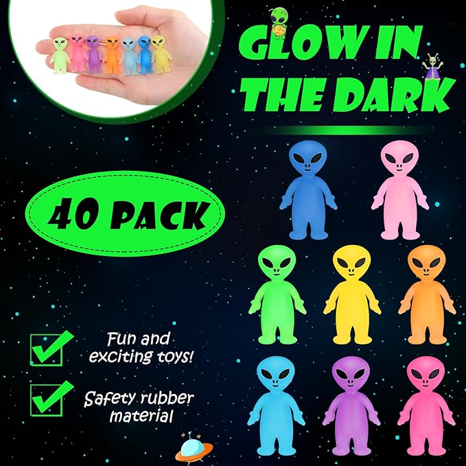 40 Pcs Colorful Mini Alien Figures Glow in The Dark Small Little Tiny Aliens Figurine to Hide and Seek for Space Party Favors Prank Gifts Halloween Party Goodie Bag Fillers, 8 Colors