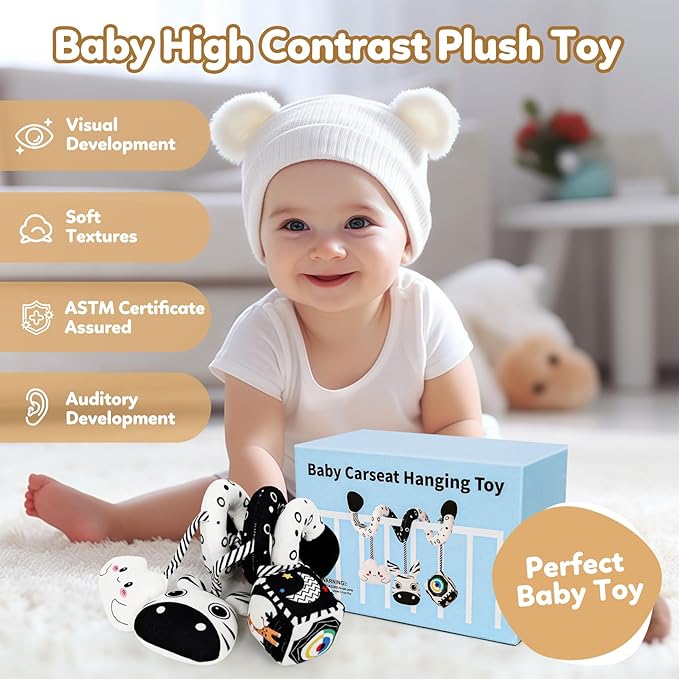 Baby Spiral Hanging Stroller and Car Seat Toys Black and White High Contrast Sensory Toy Newborn Plush Activity Toys Party Favors Gifts for Baby Shower -Zebra